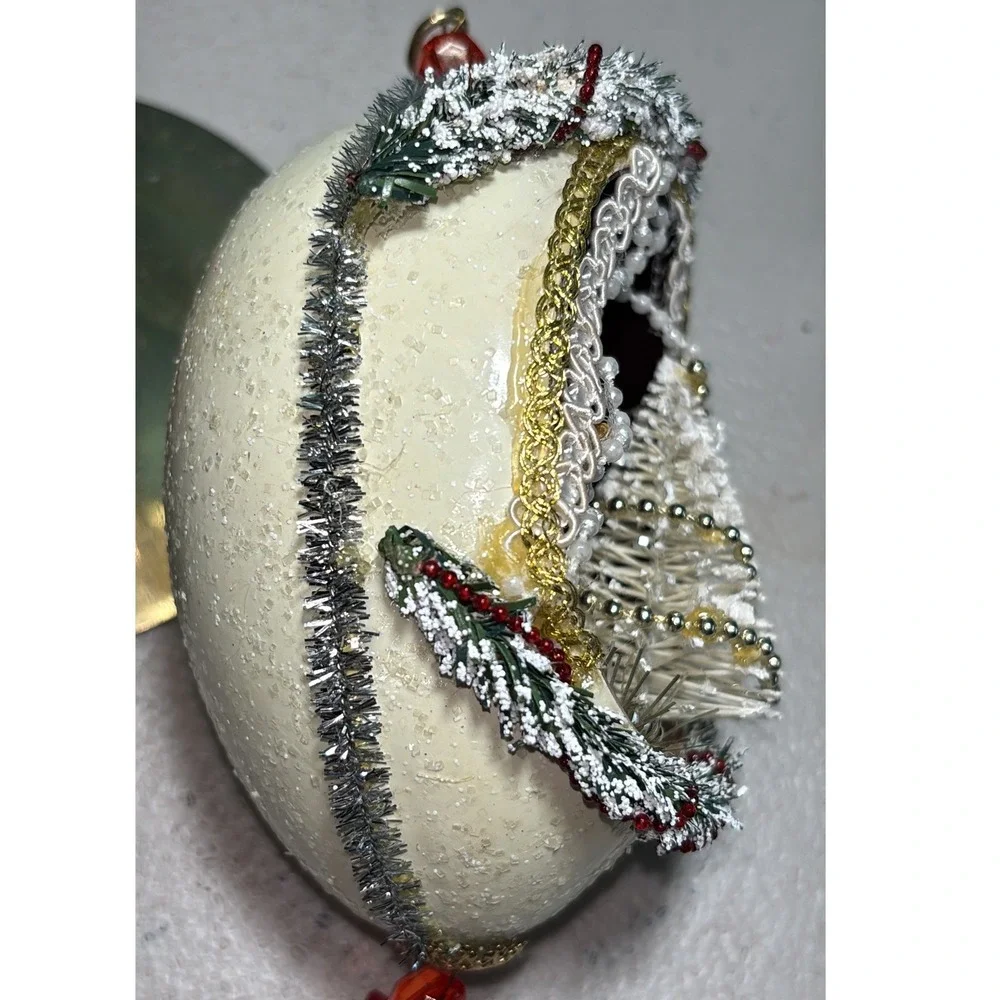 Vintage‎ Diorama Egg Ornament White Red Girl with Christmas Tree
